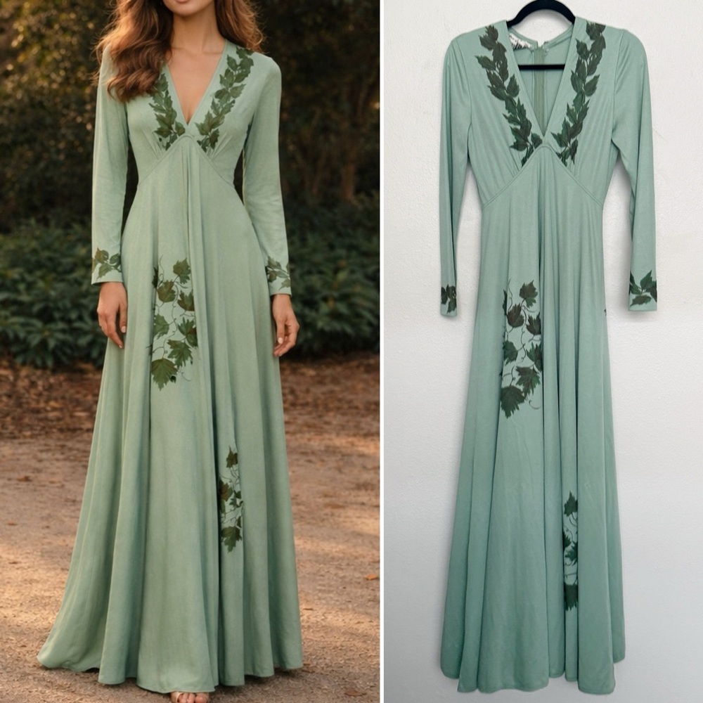 Vintage 70s Victor Costa Romantic Boho Leaf Design Deep V Long Sleeve Gown